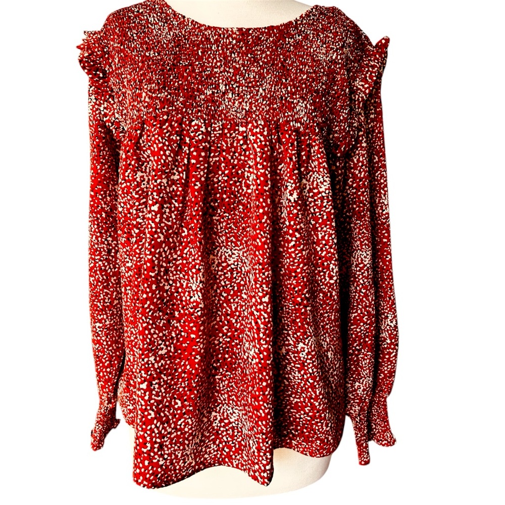 Women’s Blouse Medium Kori America Animal Print Smocked Cuff Ruffle Long Sleeve
